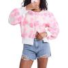 imageFlygo Womens Cropped Floral Print Bomber Jacket Warm Fleece Varsity Jacket Casual Button Down Puff Sleeve Coat OuterwearPeach Pink