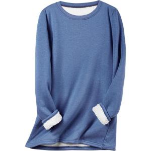 imageFlygo Girls Sherpa Lined Fleece Sweatshirt Crewneck Kids Pullover Thick Thermal Sweater Winter Warm Tunic TopsBlue