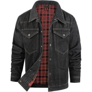 imageFlygo Mens Flannel Lined Denim Jacket Snap Cowboy Cut Western Classic Slim Fit Vintage Heavy Duty Jacket Trucker CoatBlack