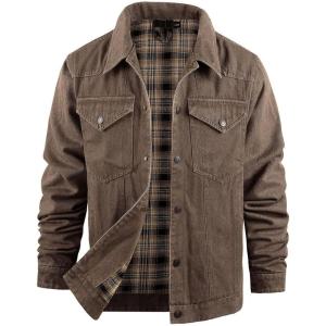 imageFlygo Mens Flannel Lined Denim Jacket Snap Cowboy Cut Western Classic Slim Fit Vintage Heavy Duty Jacket Trucker CoatBrown