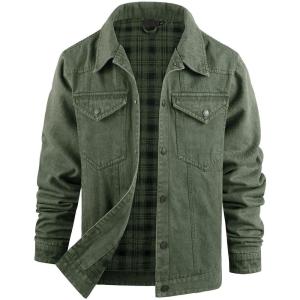 imageFlygo Mens Flannel Lined Denim Jacket Snap Cowboy Cut Western Classic Slim Fit Vintage Heavy Duty Jacket Trucker CoatGreen