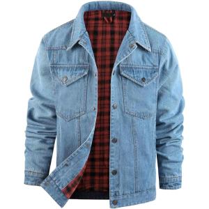 imageFlygo Mens Flannel Lined Denim Jacket Snap Cowboy Cut Western Classic Slim Fit Vintage Heavy Duty Jacket Trucker CoatLightblue
