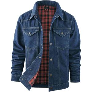 imageFlygo Mens Flannel Lined Denim Jacket Snap Cowboy Cut Western Classic Slim Fit Vintage Heavy Duty Jacket Trucker CoatNavyblue