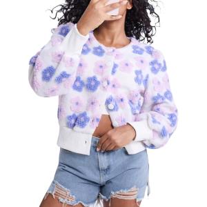imageFlygo Womens Cropped Floral Print Bomber Jacket Warm Fleece Varsity Jacket Casual Button Down Puff Sleeve Coat OuterwearPurple Pink