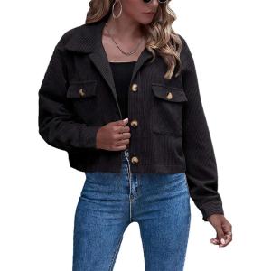 imageFlygo Womens Fashion Cropped Jacket Corduroy Button Down Shirt Shacket Jackets Lightweight Spring Jackets 2025 TrendyBlack