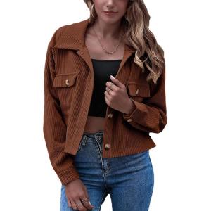 imageFlygo Womens Fashion Cropped Jacket Corduroy Button Down Shirt Shacket Jackets Lightweight Spring Jackets 2025 TrendyBrown