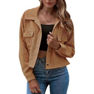 imageFlygo Womens Fashion Cropped Jacket Corduroy Button Down Shirt Shacket Jackets Lightweight Spring Jackets 2025 TrendyCamel
