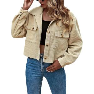 imageFlygo Womens Fashion Cropped Jacket Corduroy Button Down Shirt Shacket Jackets Lightweight Spring Jackets 2025 TrendyKhaki