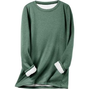 imageFlygo Womens Winter Warm Sherpa Lined Fleece Crewneck Sweatshirt Pullover Loungewear Tunic TopsDusty Green