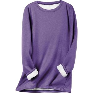 imageFlygo Womens Winter Warm Sherpa Lined Fleece Crewneck Sweatshirt Pullover Loungewear Tunic TopsDusty Purple