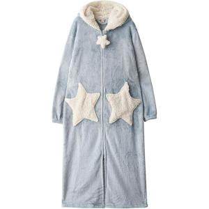 imageFlygo Womens Cute Fleece Robe Zipper Bathrobe Winter Warm Housecoat Nightgown SleepwearStar Blue