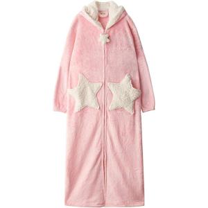 imageFlygo Womens Cute Fleece Robe Zipper Bathrobe Winter Warm Housecoat Nightgown SleepwearStar Pink