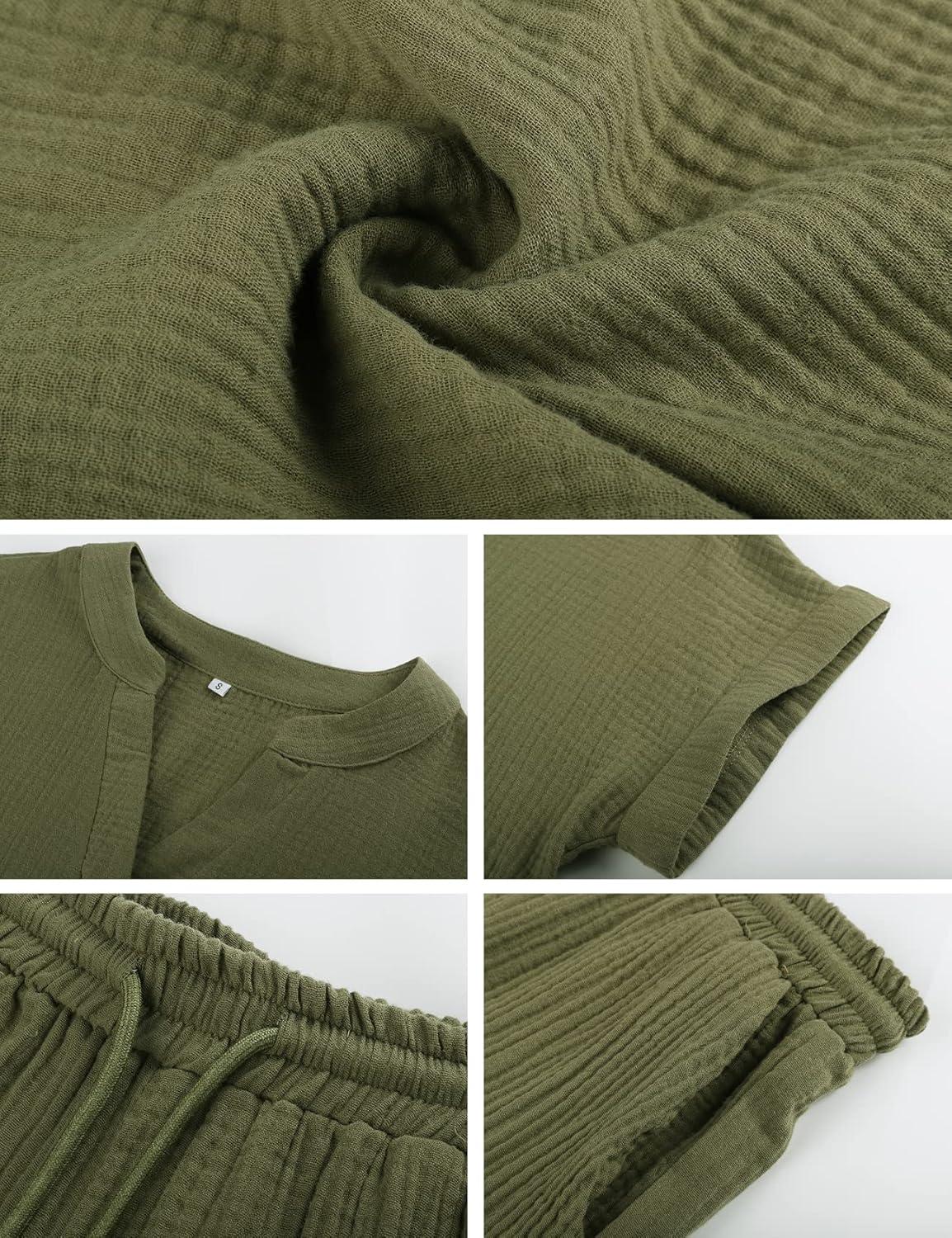 imageFlygo 2 Piece Outfits for Women Cotton Linen V Neck Short Sleeve Shirt Shorts Lounge Set with PocketsArmy Green