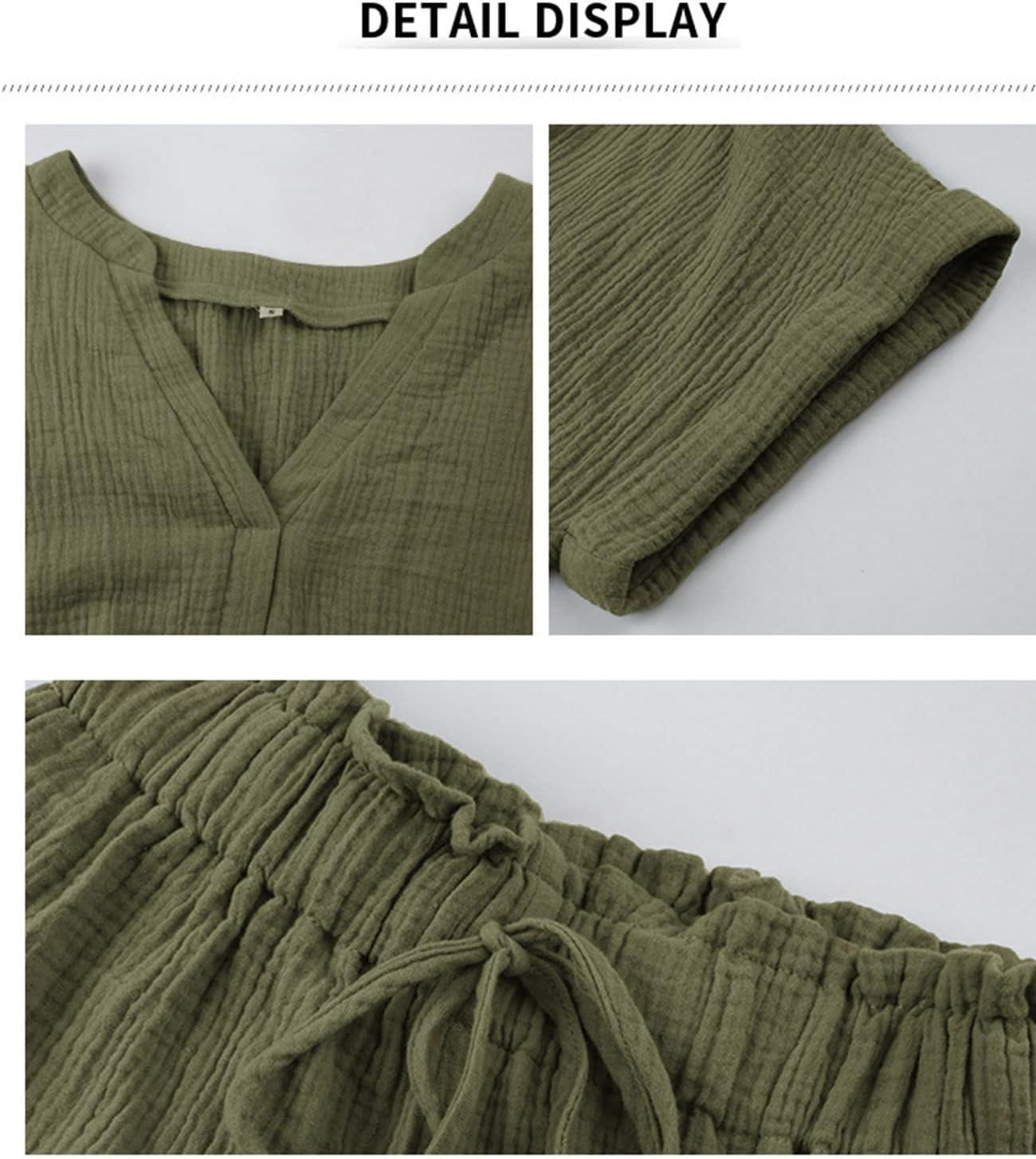 imageFlygo 2 Piece Outfits for Women Cotton Linen V Neck Short Sleeve Shirt Shorts Lounge Set with PocketsArmy Green