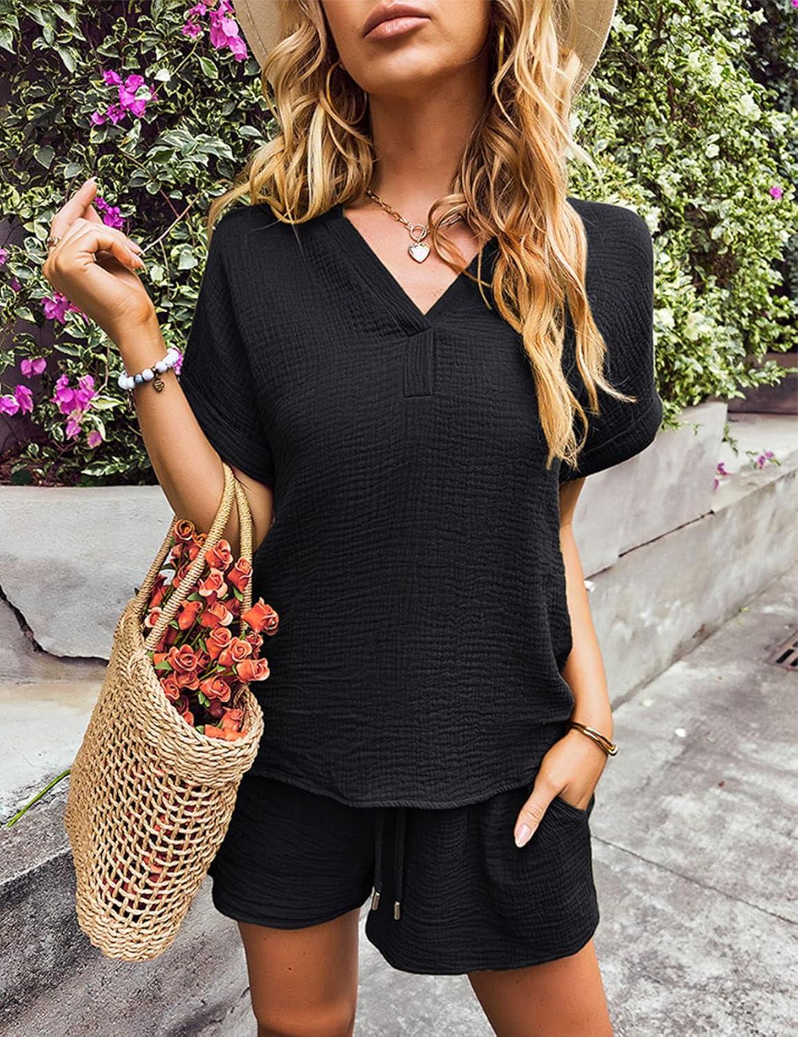 imageFlygo 2 Piece Outfits for Women Cotton Linen V Neck Short Sleeve Shirt Shorts Lounge Set with PocketsBlack