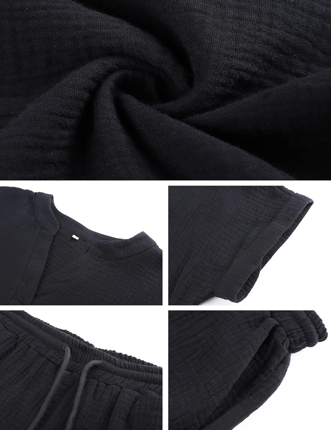 imageFlygo 2 Piece Outfits for Women Cotton Linen V Neck Short Sleeve Shirt Shorts Lounge Set with PocketsBlack