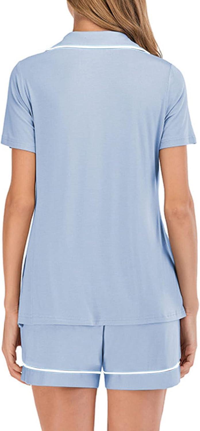 imageFlygo 2 Piece Short Nightwear Classic Short Sleeve Maternity ampamp Nursing Confinement Pajamas Pajama Set WomenLightblue