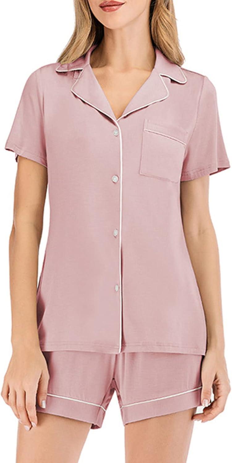 imageFlygo 2 Piece Short Nightwear Classic Short Sleeve Maternity ampamp Nursing Confinement Pajamas Pajama Set WomenPink