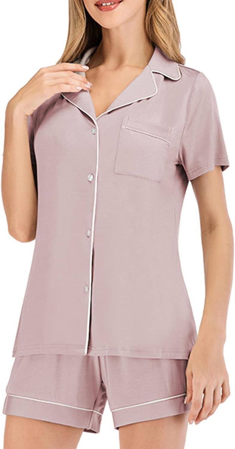 imageFlygo 2 Piece Short Nightwear Classic Short Sleeve Maternity ampamp Nursing Confinement Pajamas Pajama Set WomenPink