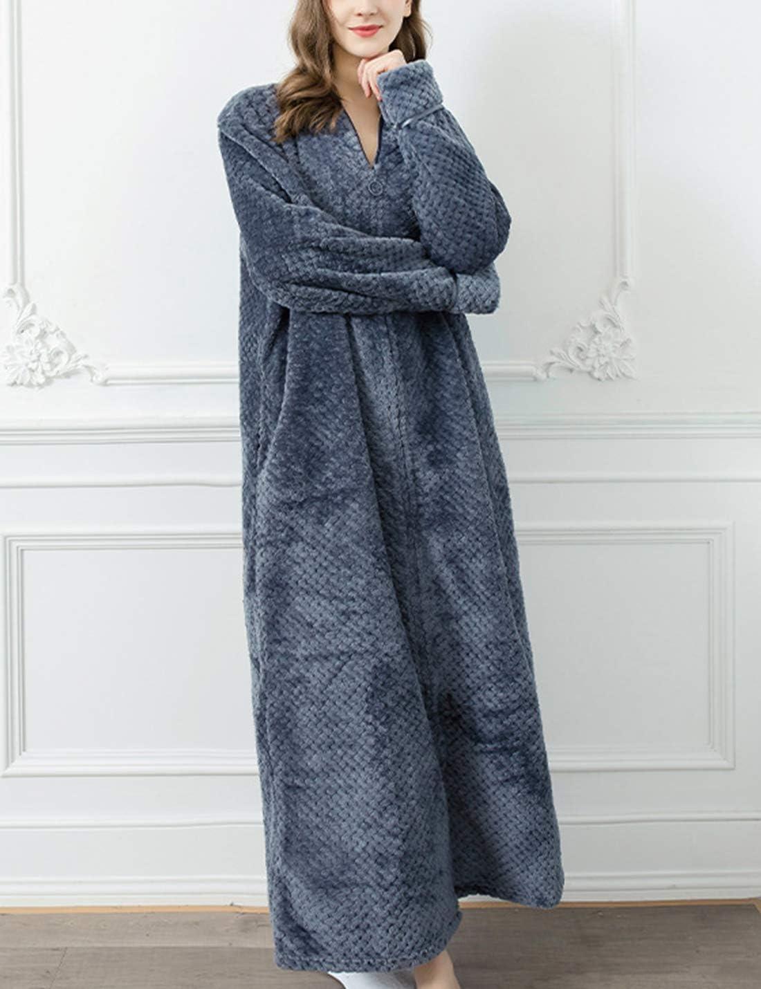 imageFlygo Adults Zip Up Warm Plush Flannel Fleece Robe Housecoat Sleepwear Dressing Gown Bathrobe for Men WomenGrey 02