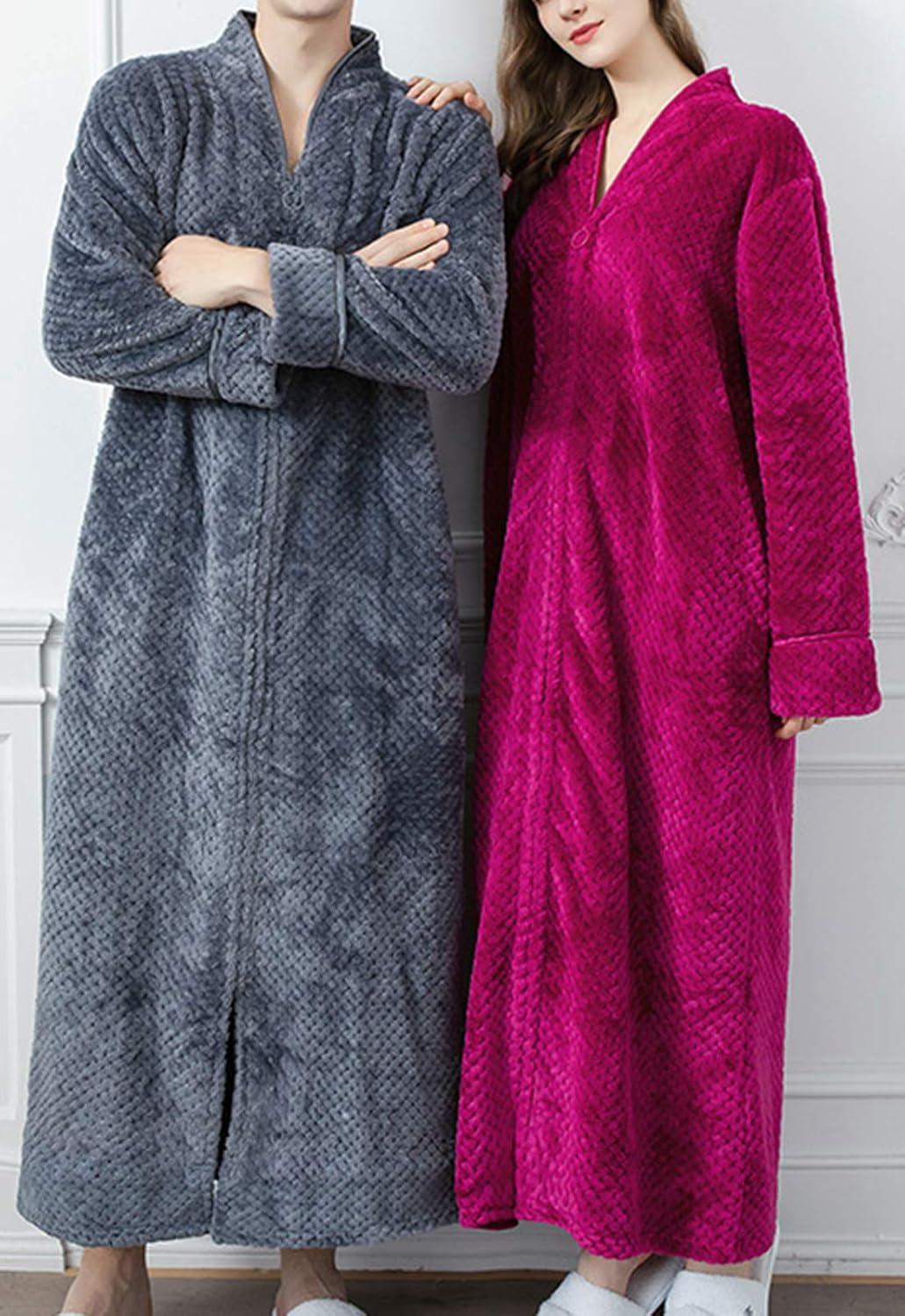 imageFlygo Adults Zip Up Warm Plush Flannel Fleece Robe Housecoat Sleepwear Dressing Gown Bathrobe for Men WomenRose Red 02