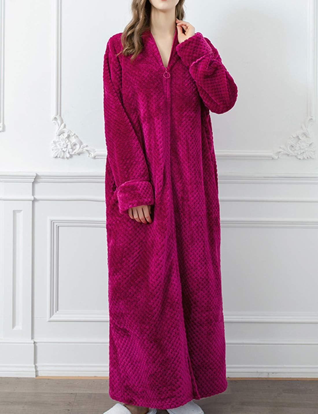 imageFlygo Adults Zip Up Warm Plush Flannel Fleece Robe Housecoat Sleepwear Dressing Gown Bathrobe for Men WomenRose Red 02