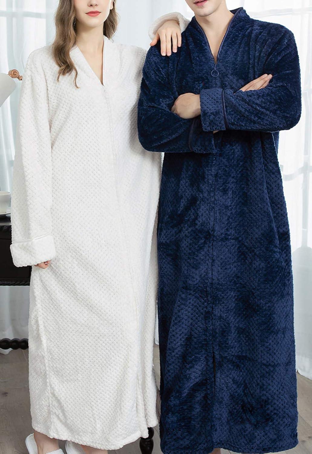 imageFlygo Adults Zip Up Warm Plush Flannel Fleece Robe Housecoat Sleepwear Dressing Gown Bathrobe for Men WomenSky Blue 01