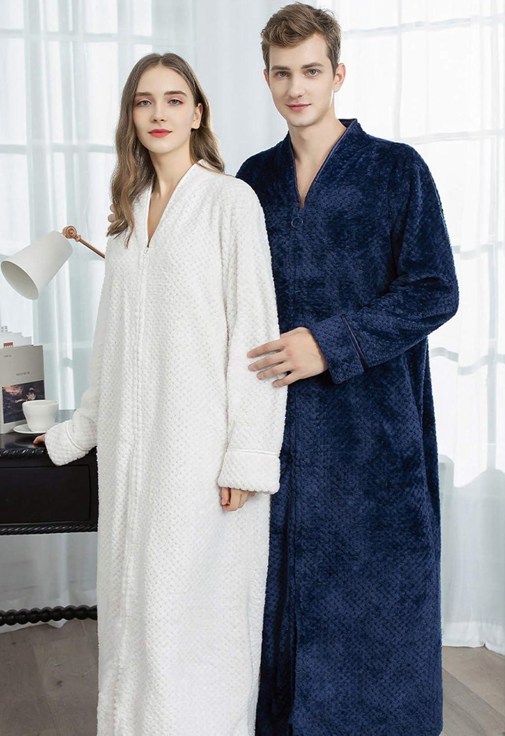 imageFlygo Adults Zip Up Warm Plush Flannel Fleece Robe Housecoat Sleepwear Dressing Gown Bathrobe for Men WomenWhite 02