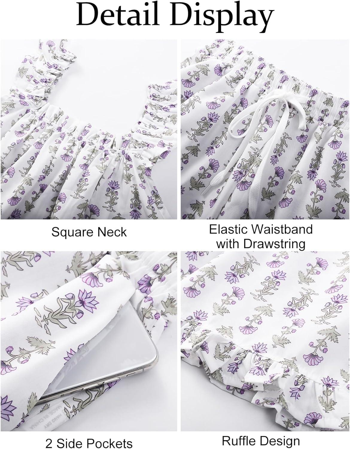 imageFlygo Floral Pajama Sets for Women 2 Piece Lounge Set Ruffle Cami Top and Shorts Pj Set SleepwearLightPurpleM