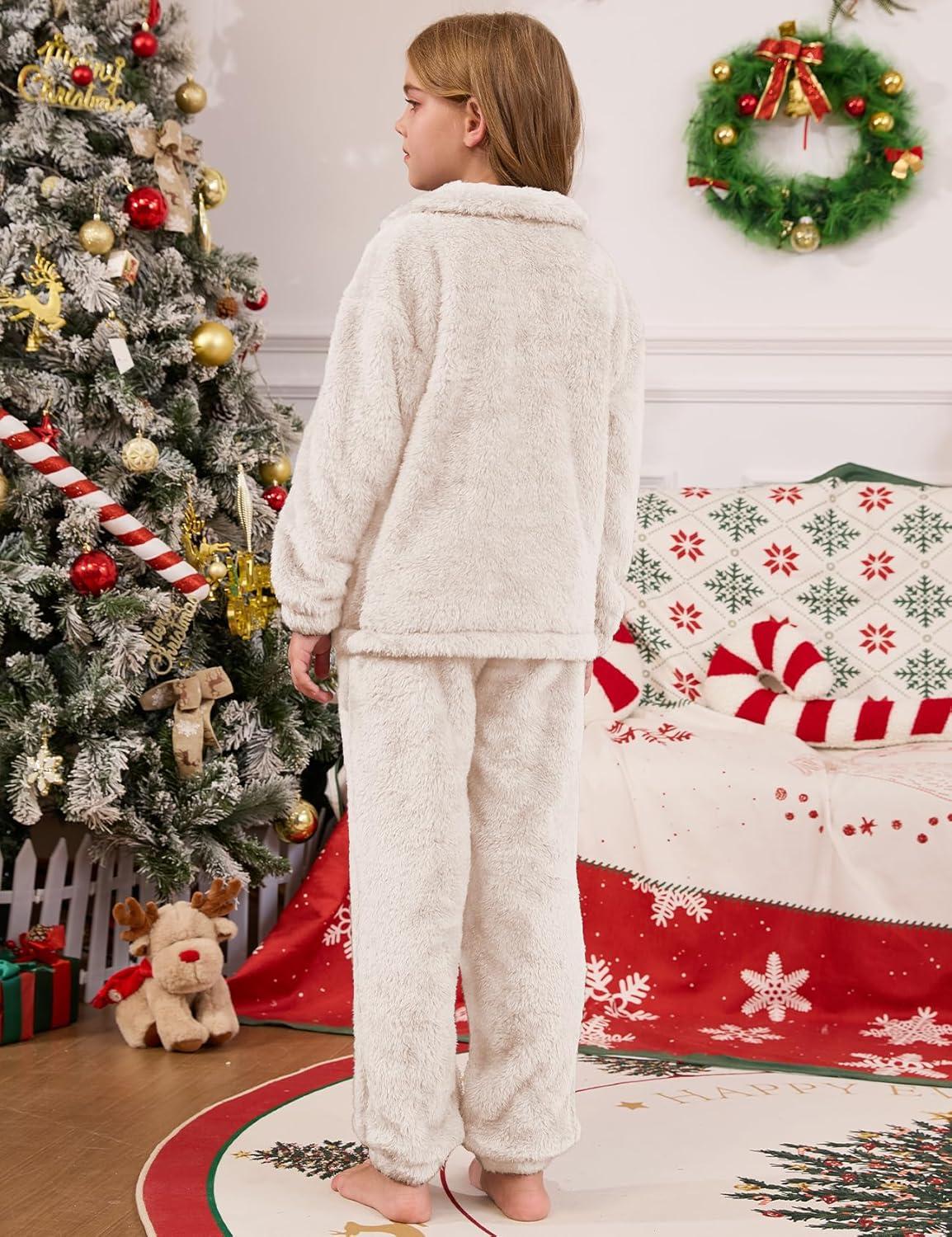 imageFlygo Girls Fuzzy Pants Sets Kid 2 Piece Winter Fleece Outfits Stand Collar Zip Up Sweatshirts Fluffy Sweatpants with PocketsBeige
