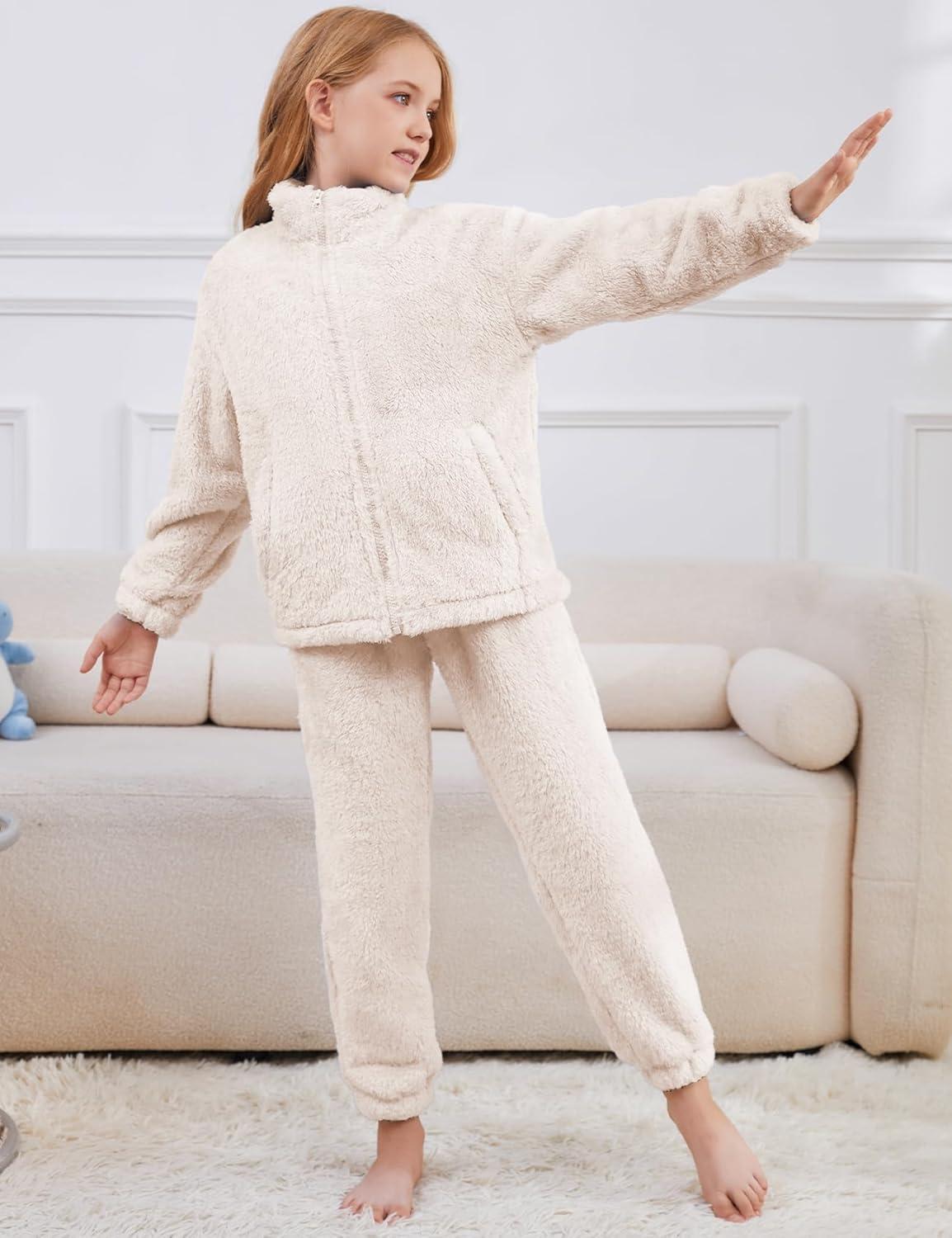 imageFlygo Girls Fuzzy Pants Sets Kid 2 Piece Winter Fleece Outfits Stand Collar Zip Up Sweatshirts Fluffy Sweatpants with PocketsBeige