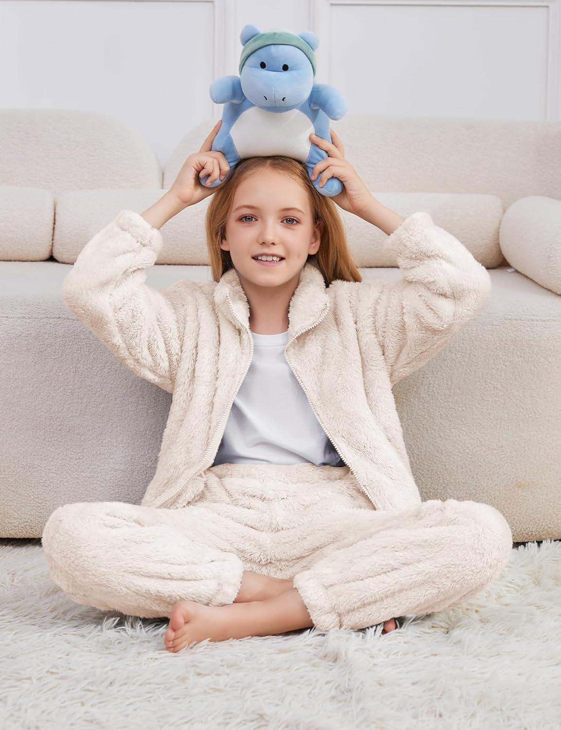 imageFlygo Girls Fuzzy Pants Sets Kid 2 Piece Winter Fleece Outfits Stand Collar Zip Up Sweatshirts Fluffy Sweatpants with PocketsBeige