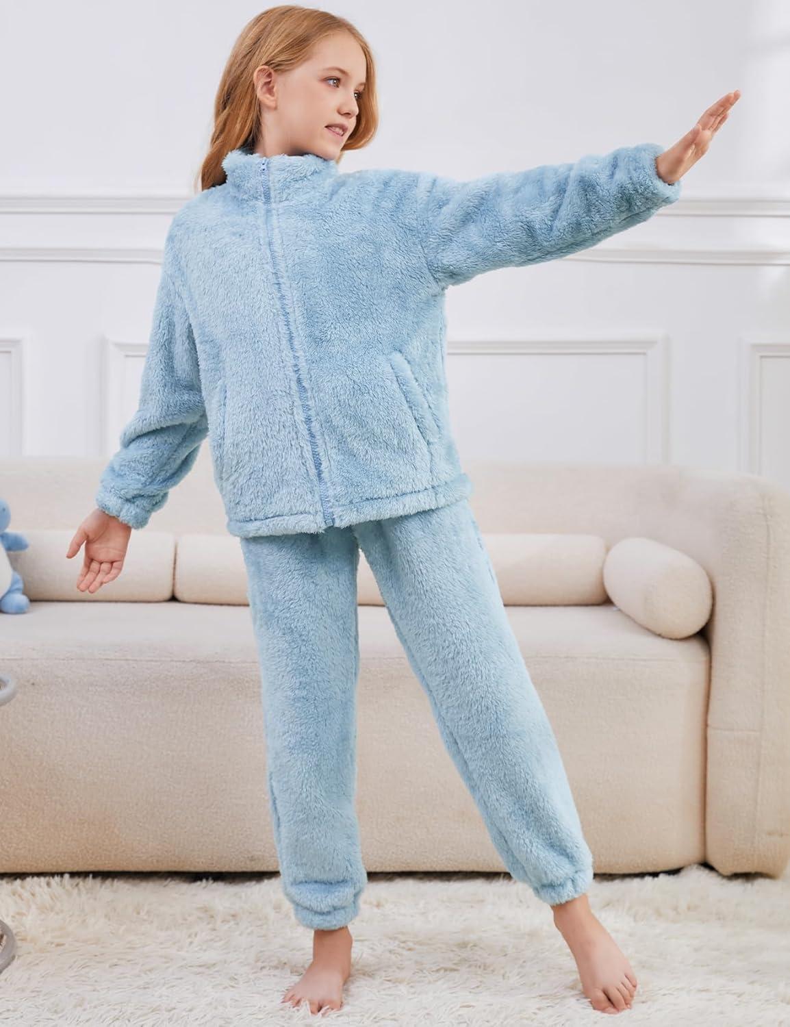 imageFlygo Girls Fuzzy Pants Sets Kid 2 Piece Winter Fleece Outfits Stand Collar Zip Up Sweatshirts Fluffy Sweatpants with PocketsBlue