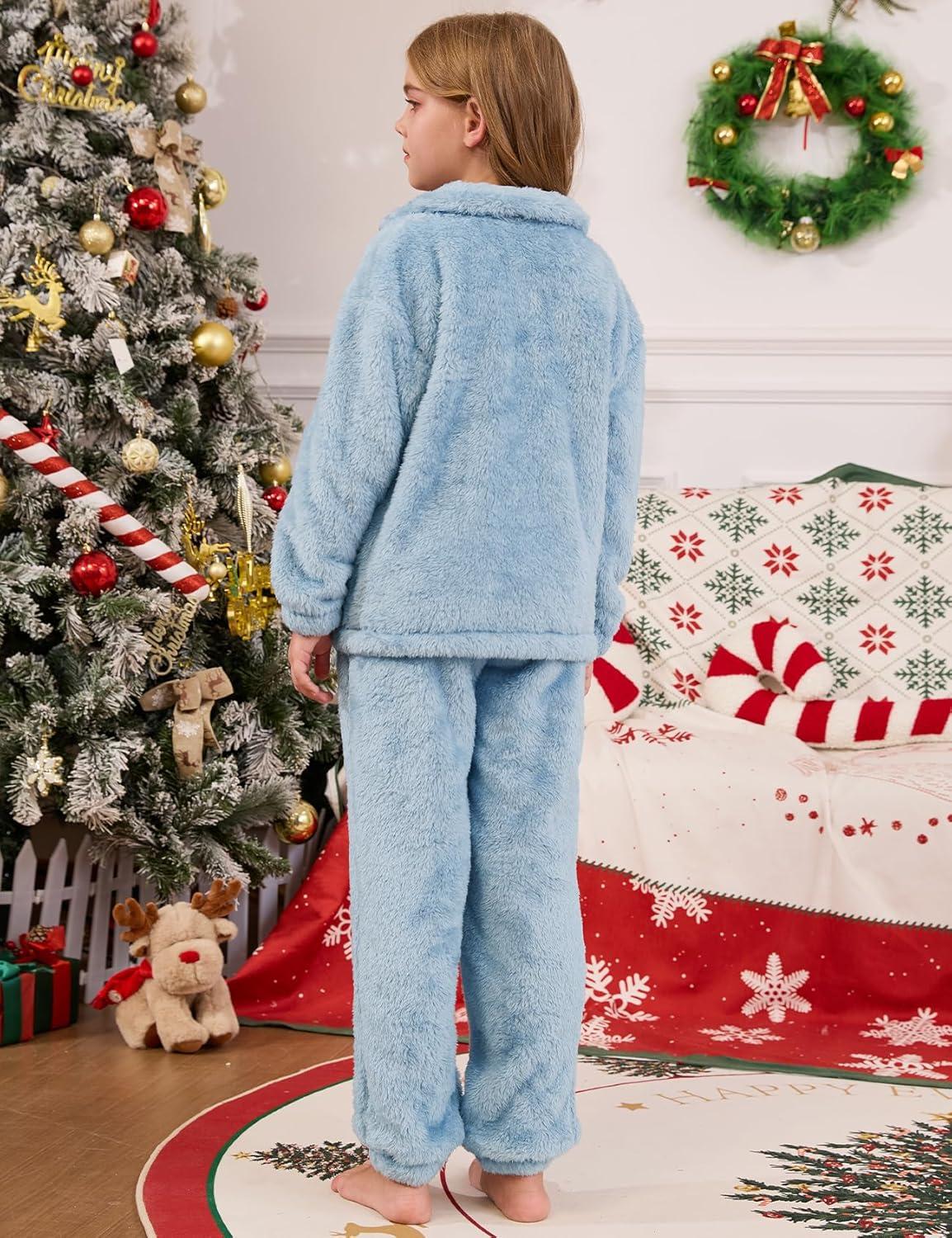 imageFlygo Girls Fuzzy Pants Sets Kid 2 Piece Winter Fleece Outfits Stand Collar Zip Up Sweatshirts Fluffy Sweatpants with PocketsBlue