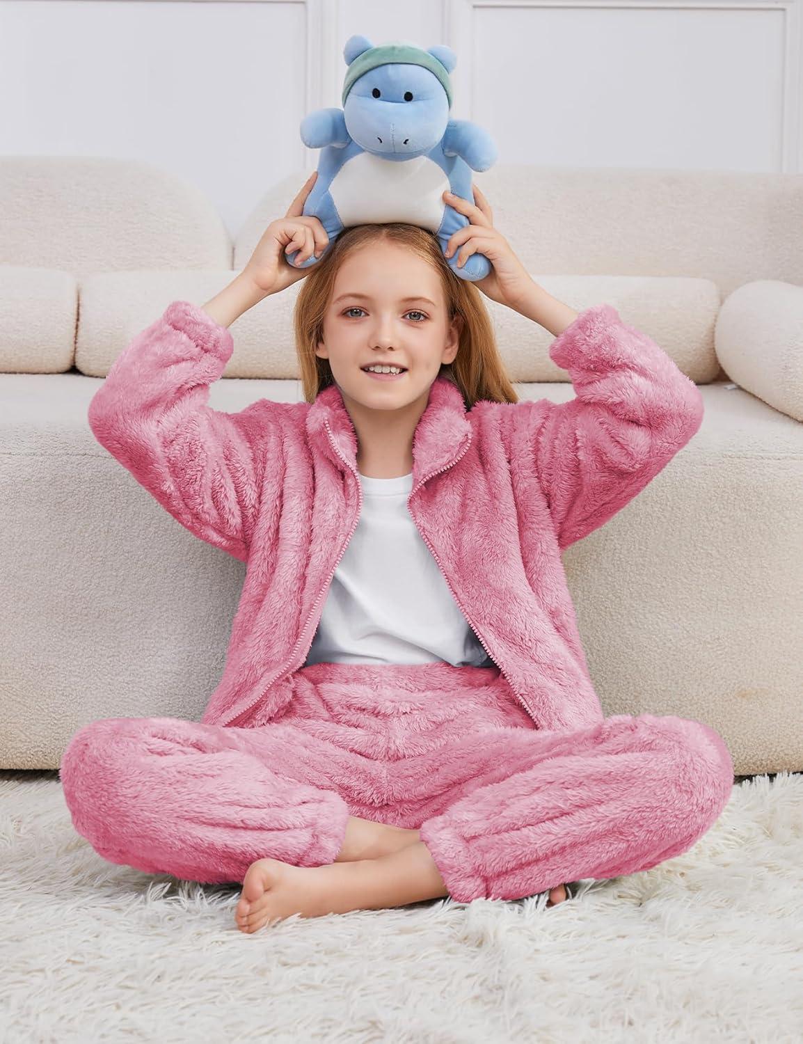 imageFlygo Girls Fuzzy Pants Sets Kid 2 Piece Winter Fleece Outfits Stand Collar Zip Up Sweatshirts Fluffy Sweatpants with PocketsPink