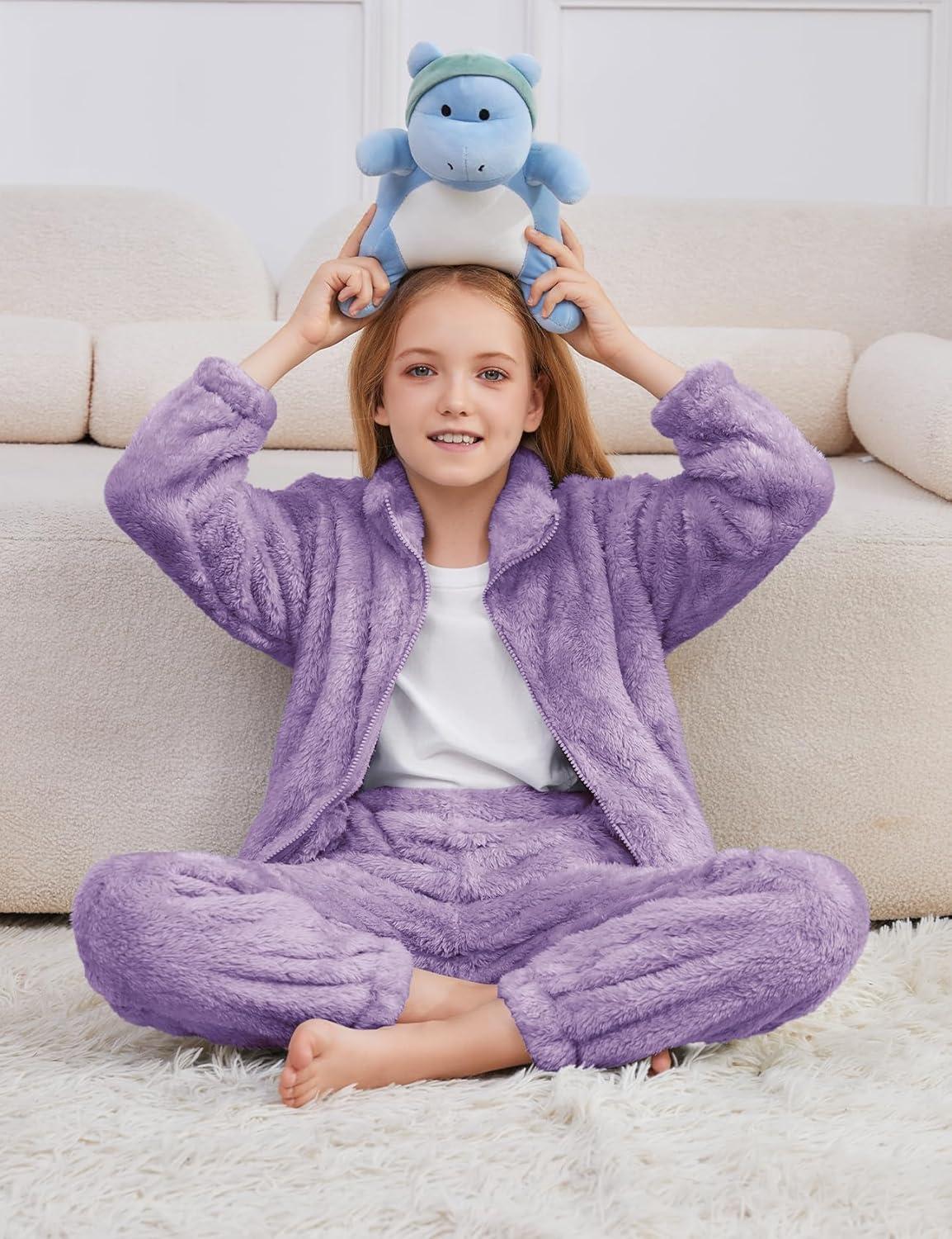 imageFlygo Girls Fuzzy Pants Sets Kid 2 Piece Winter Fleece Outfits Stand Collar Zip Up Sweatshirts Fluffy Sweatpants with PocketsPurple