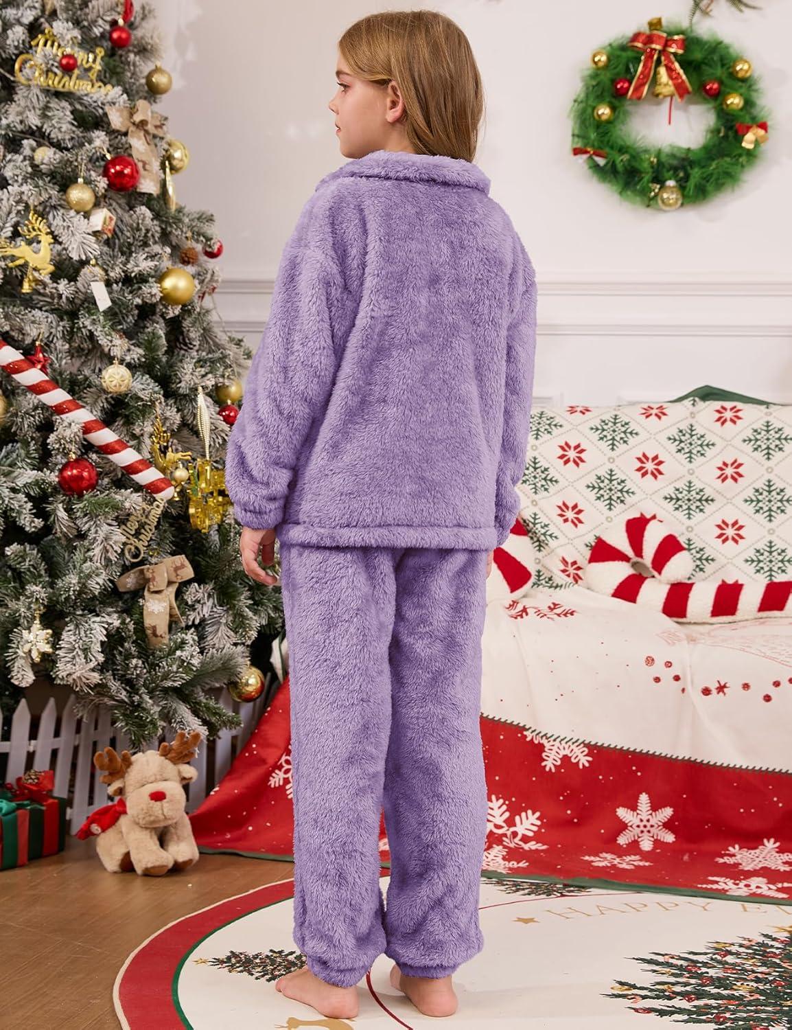 imageFlygo Girls Fuzzy Pants Sets Kid 2 Piece Winter Fleece Outfits Stand Collar Zip Up Sweatshirts Fluffy Sweatpants with PocketsPurple