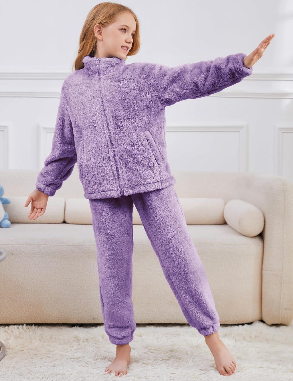 imageFlygo Girls Fuzzy Pants Sets Kid 2 Piece Winter Fleece Outfits Stand Collar Zip Up Sweatshirts Fluffy Sweatpants with PocketsPurple