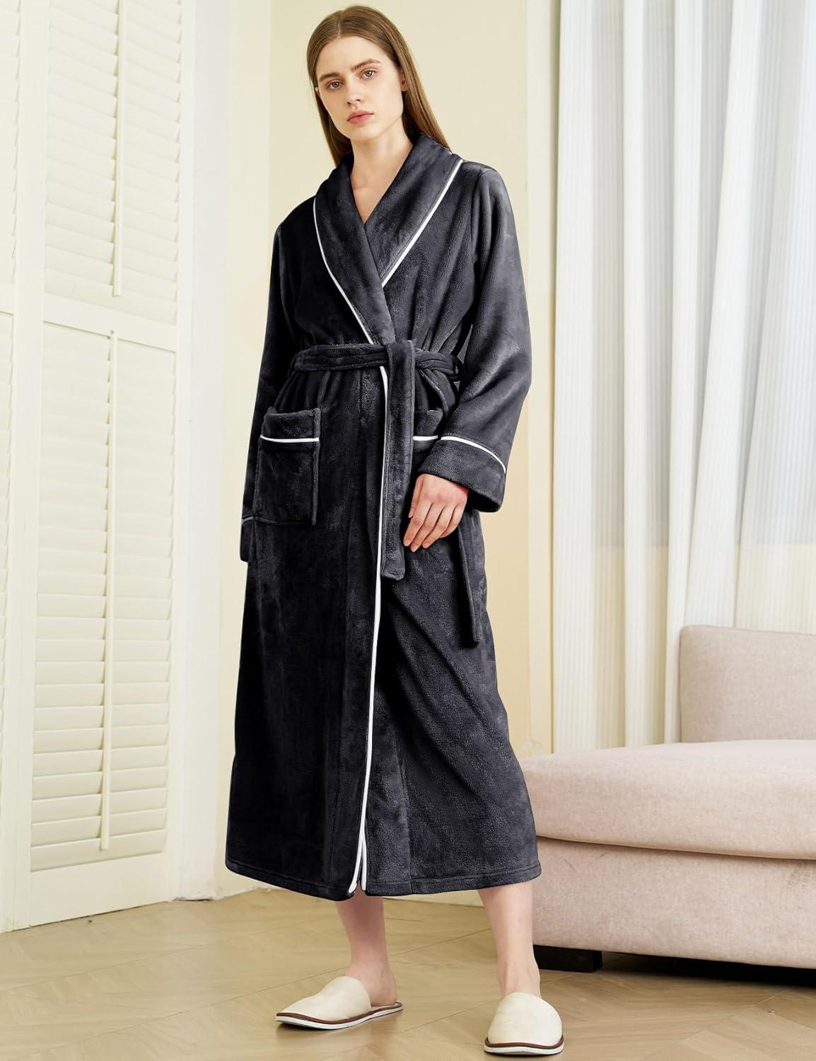 imageFlygo Long Robes for Women Plush Fleece Bathrobes Warm Winter Flannel Fluffy Bath Robe Sleepwear Housecoat Full LengthBlack