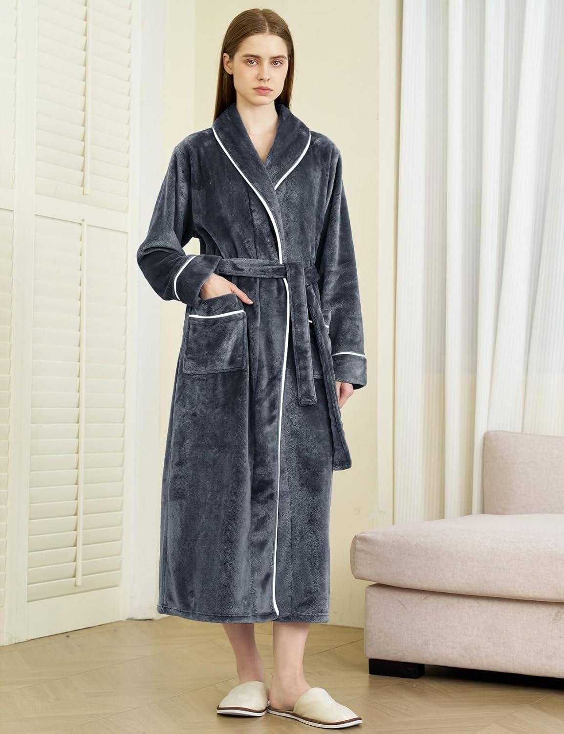 imageFlygo Long Robes for Women Plush Fleece Bathrobes Warm Winter Flannel Fluffy Bath Robe Sleepwear Housecoat Full LengthGrey