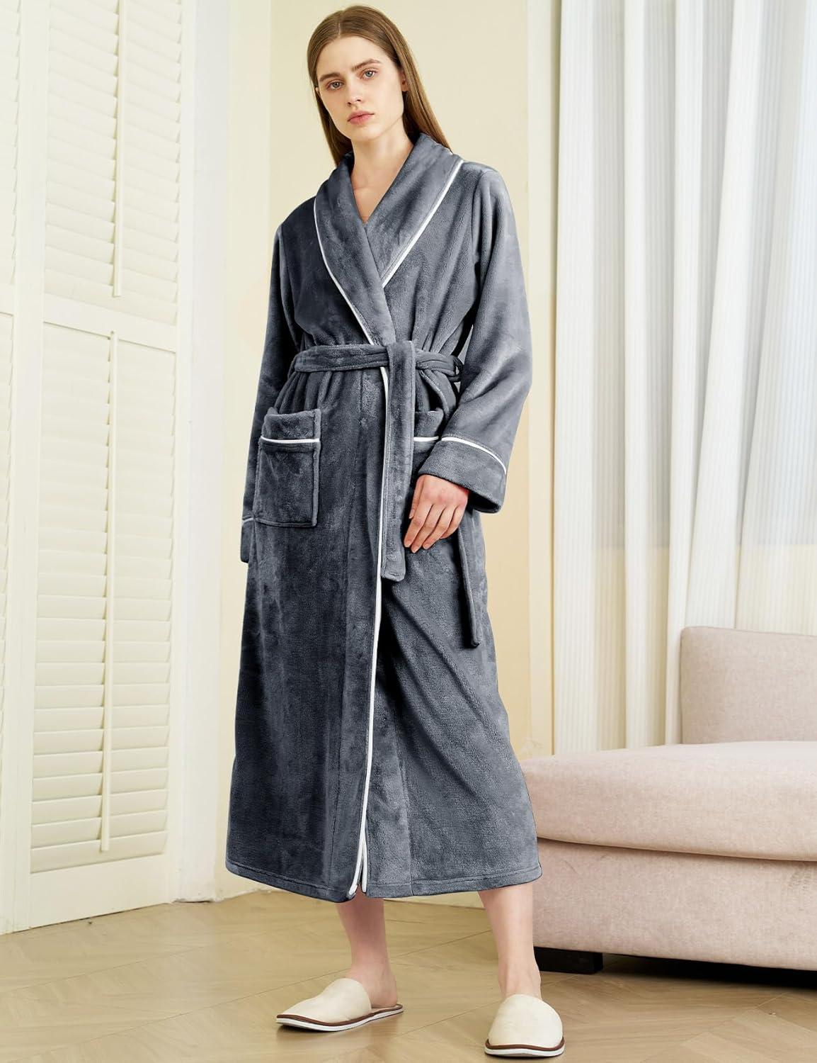 imageFlygo Long Robes for Women Plush Fleece Bathrobes Warm Winter Flannel Fluffy Bath Robe Sleepwear Housecoat Full LengthGrey