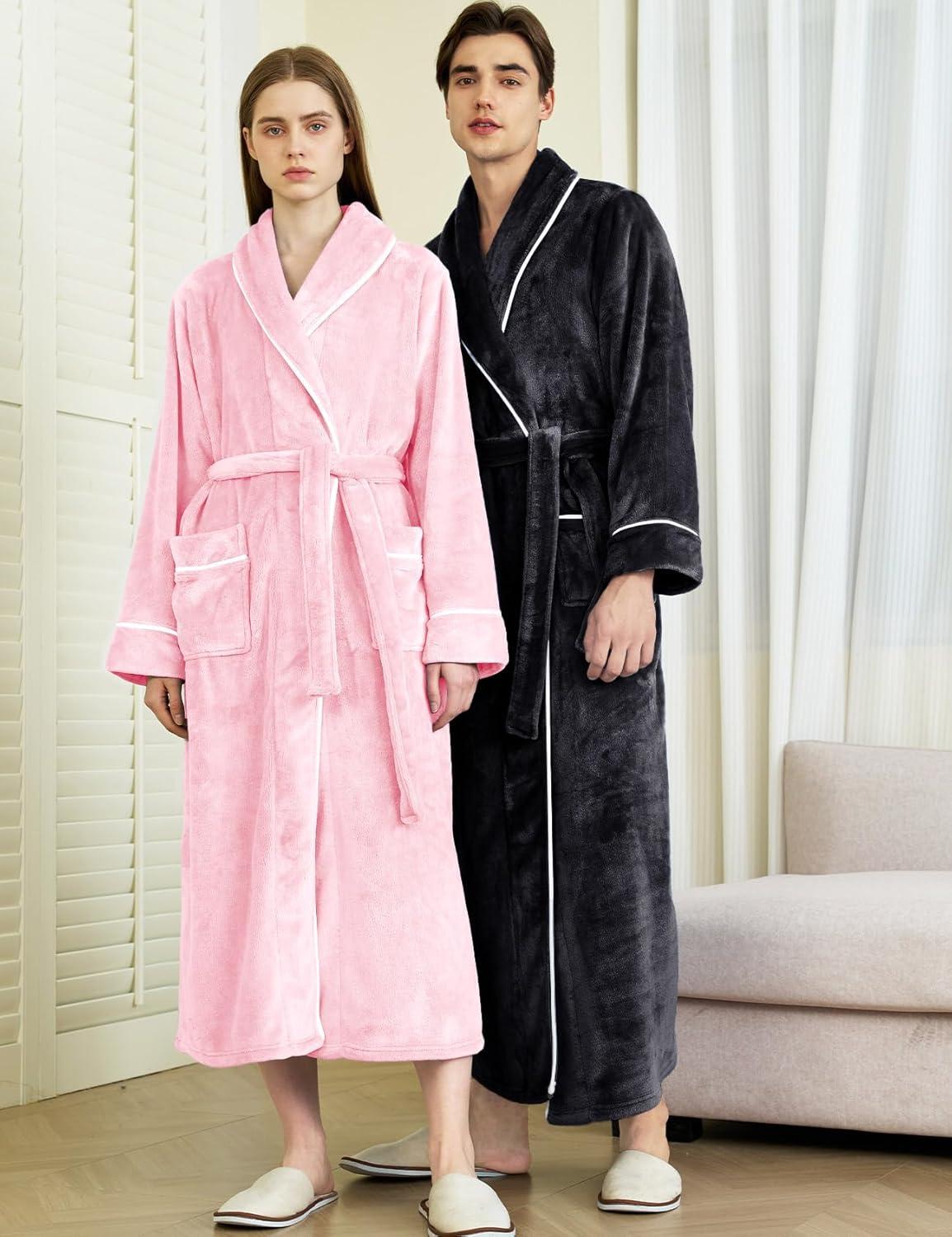 imageFlygo Long Robes for Women Plush Fleece Bathrobes Warm Winter Flannel Fluffy Bath Robe Sleepwear Housecoat Full LengthPink