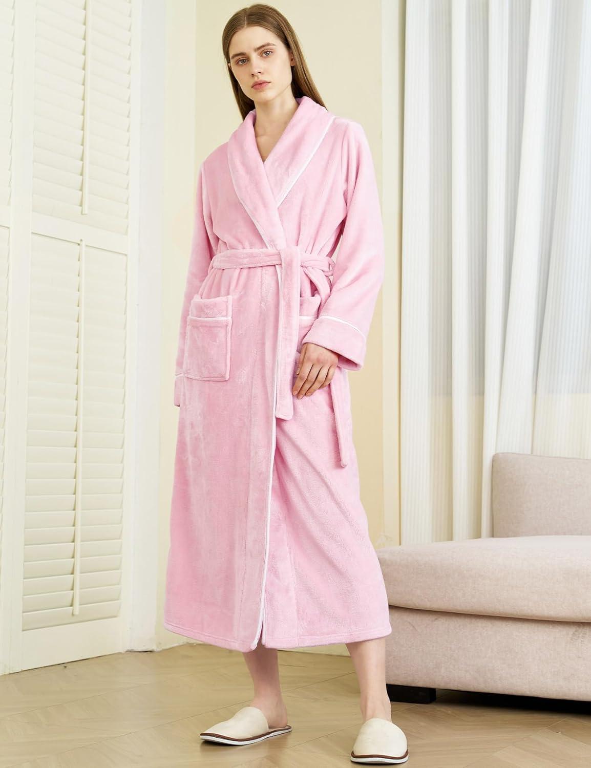 imageFlygo Long Robes for Women Plush Fleece Bathrobes Warm Winter Flannel Fluffy Bath Robe Sleepwear Housecoat Full LengthPink