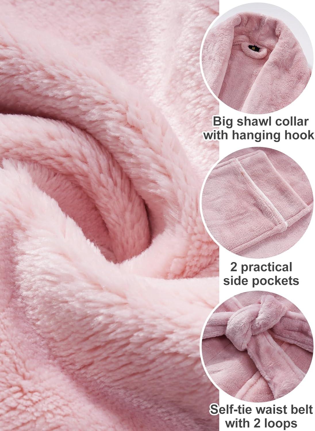 imageFlygo Long Robes for Women Plush Fleece Bathrobes Warm Winter Flannel Fluffy Bath Robe Sleepwear Housecoat Full LengthPink