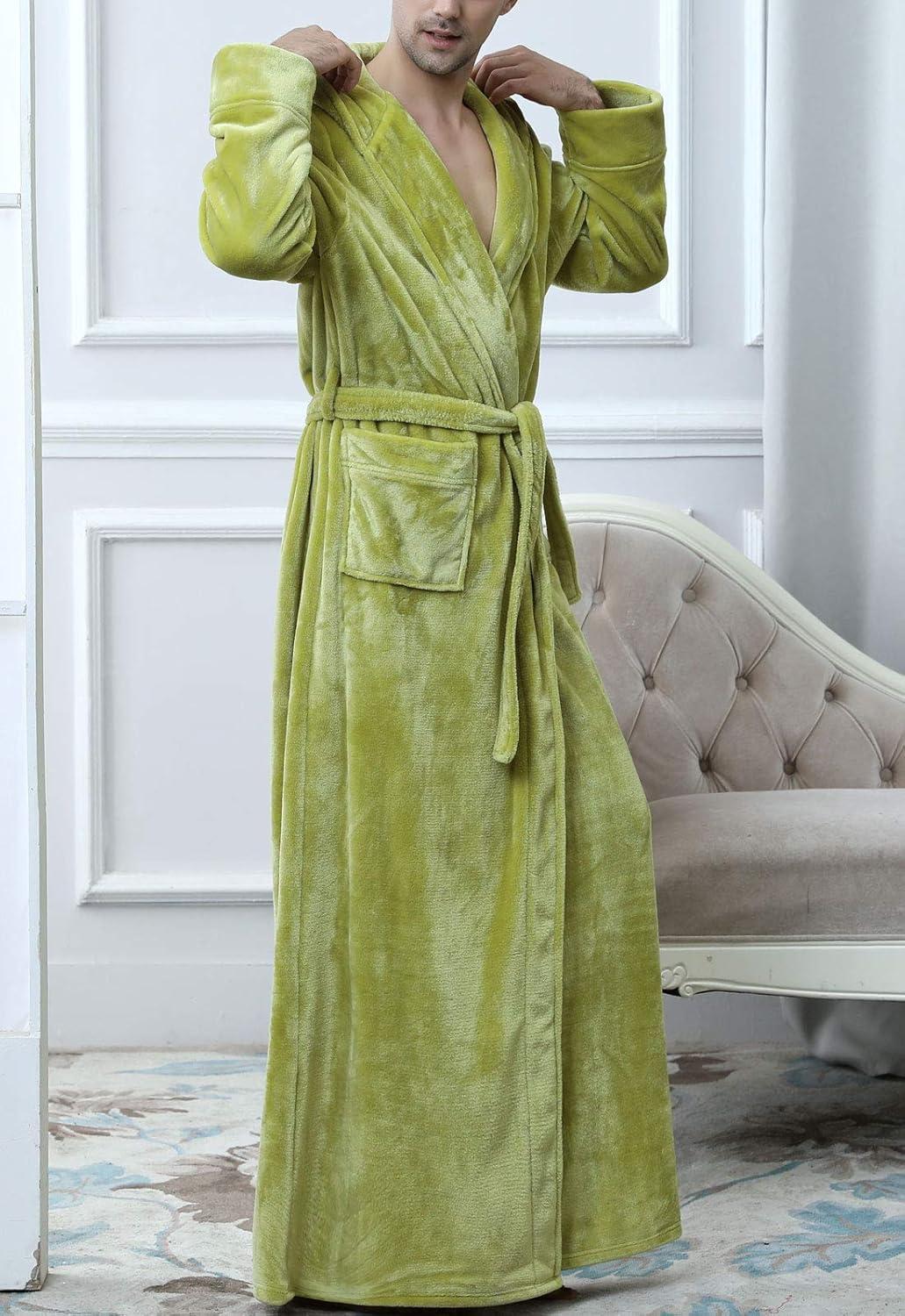 imageFlygo Mens Plush Fleece Robe with Shawl Collar Soft Warm Lightweight Hooded Spa Bath RobeGreen