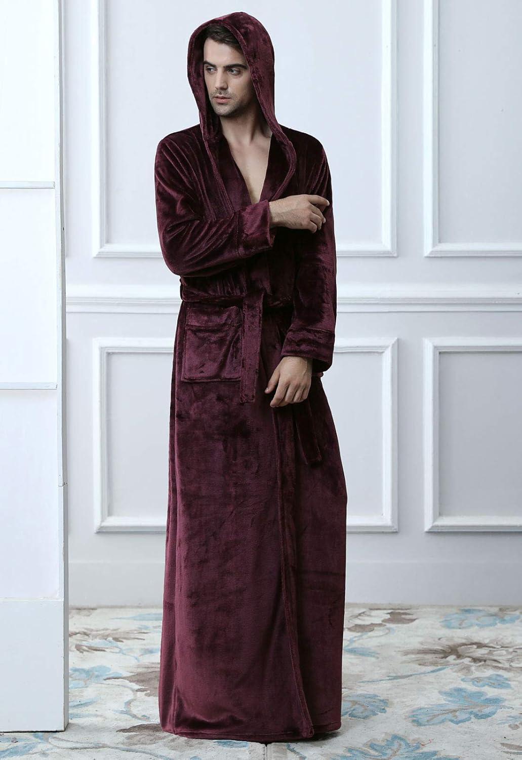 imageFlygo Mens Plush Fleece Robe with Shawl Collar Soft Warm Lightweight Hooded Spa Bath RobeWine Red