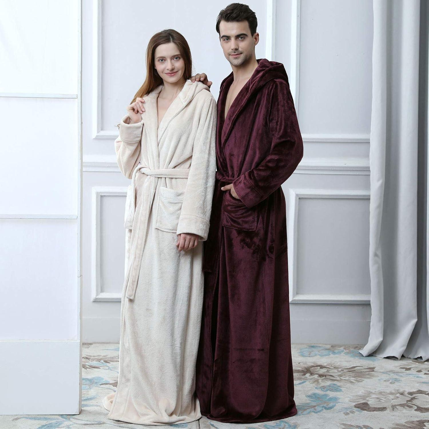 imageFlygo Mens Plush Fleece Robe with Shawl Collar Soft Warm Lightweight Hooded Spa Bath RobeWine Red