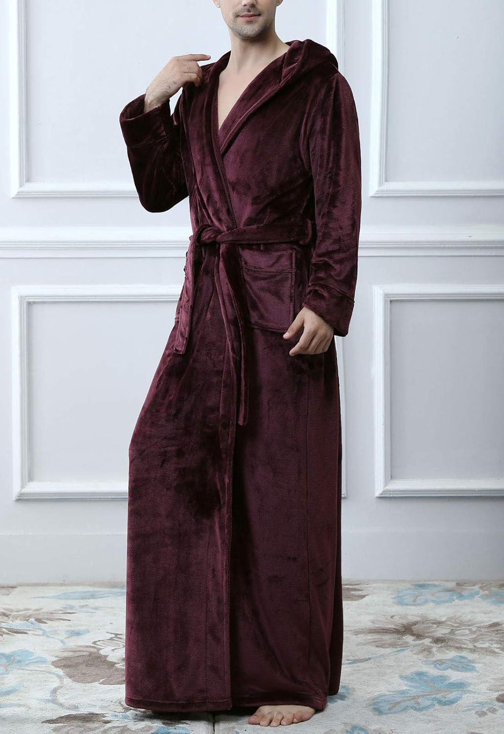 imageFlygo Mens Plush Fleece Robe with Shawl Collar Soft Warm Lightweight Hooded Spa Bath RobeWine Red