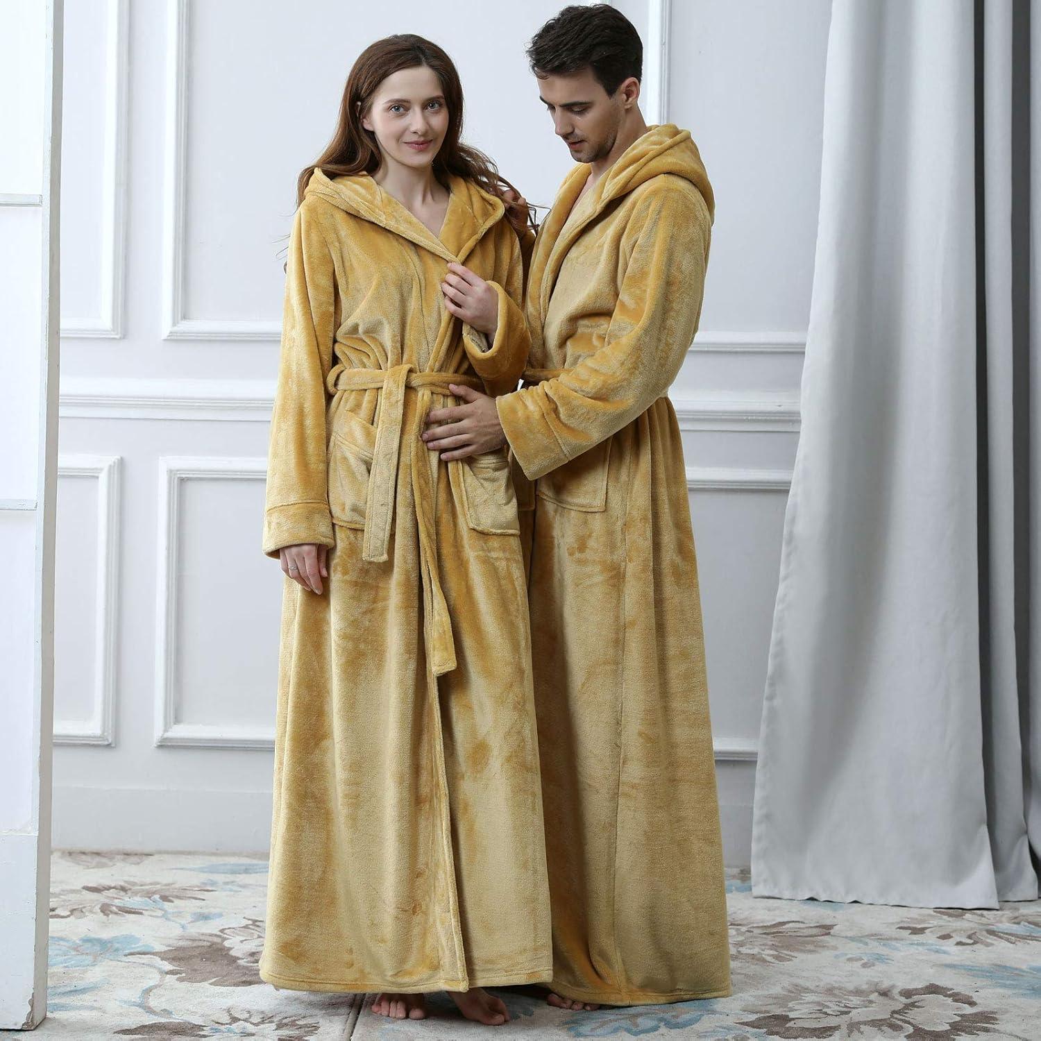 imageFlygo Mens Plush Fleece Robe with Shawl Collar Soft Warm Lightweight Hooded Spa Bath RobeYellow