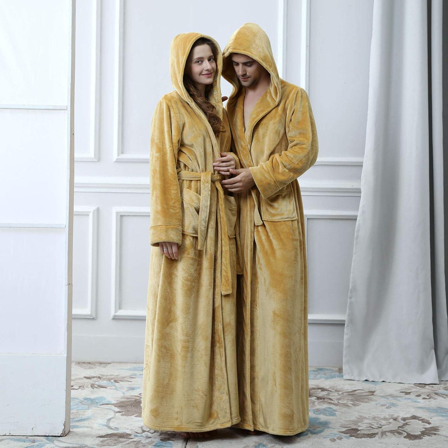 imageFlygo Mens Plush Fleece Robe with Shawl Collar Soft Warm Lightweight Hooded Spa Bath RobeYellow